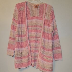 Tory Burch Erin Pink and Cream Striped‎ Cardigan V-neck Woman's XL
